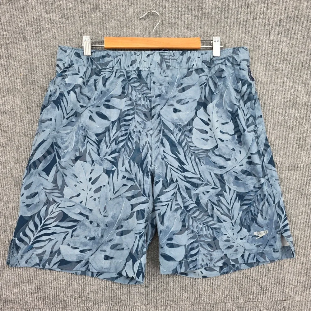 Speedo Mens Blue Tropical Leaf Print Swim Trunks Board Shorts 7778276 Large